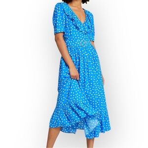 River Island Blue Polka Dot Rhinestone Belted Ruffle Dress Short Sleeve Size 12